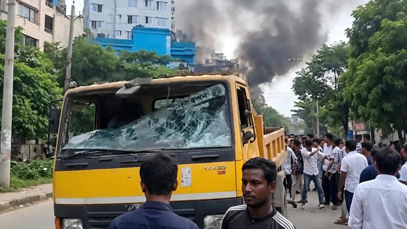 মিরপুর-১০ এ উচ্ছেদ অভিযান ঘিরে রণক্ষেত্র: ডিএনসিসির ৩ গাড়িতে আগুন, পুলিশ পিছু হটতে বাধ্য