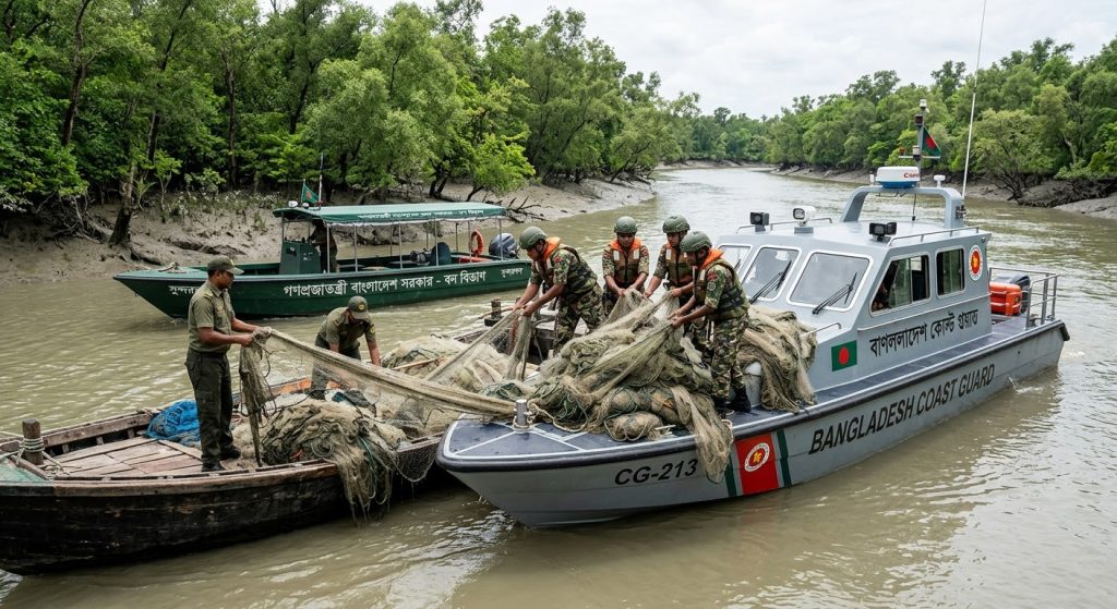 সুন্দরবনে হরিণ ও ইলিশ শিকারবিরোধী যৌথ অভিযান: বিপুল জাল উদ্ধার