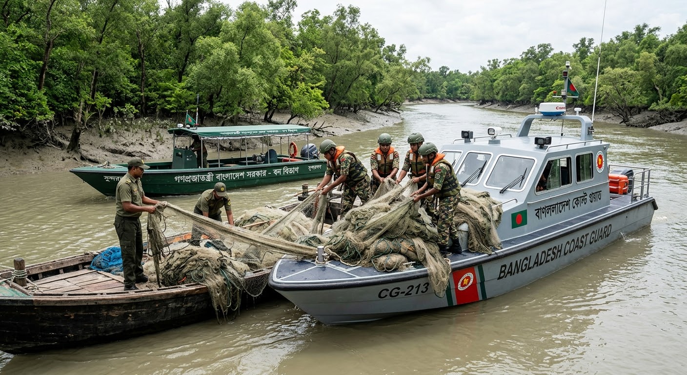 সুন্দরবনে হরিণ ও ইলিশ শিকারবিরোধী যৌথ অভিযান: বিপুল জাল উদ্ধার